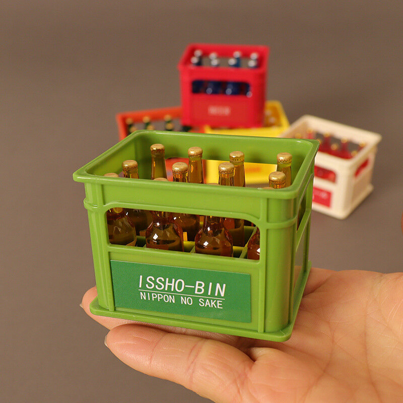 1 zestaw miniaturowych 1:12 lalek miniaturowych butelek po napojach do piwa z koszem do przechowywania Model dekoracja kuchenna akcesoria do domu dla lalek
