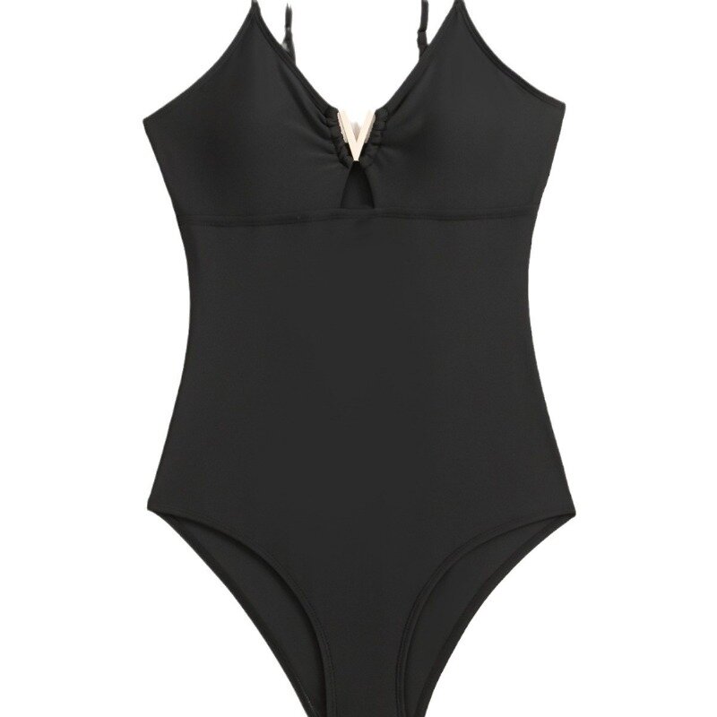 Sling One-Piece Swimsuit Bikini Solid Color Hollow Split Gathered High Waist One-Piece Swimsuit Women's Tight Beachwear