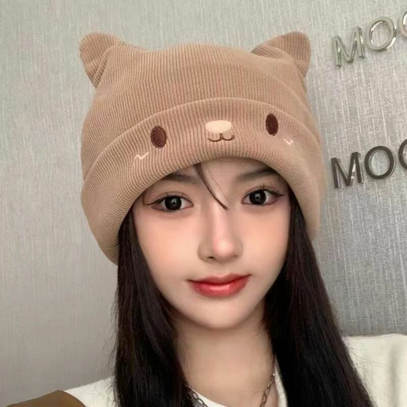 Solid Color Knitted Hats Cute Ear Protection Windproof Pullover Beanie Caps Winter Warm Cat Ear Skull Cap