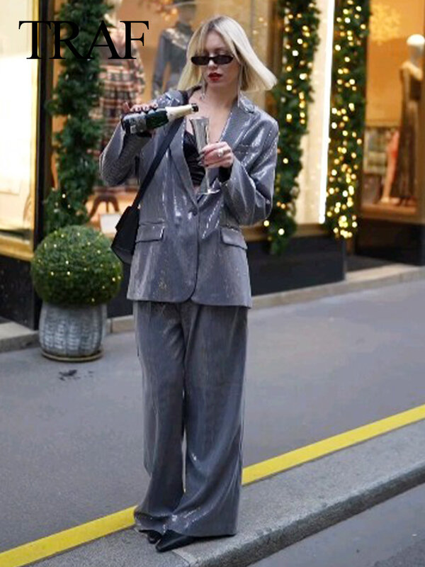 TRAF-traje elegante de moda para mujer, chaqueta de manga larga con cuello vuelto y lentejuelas plateadas, pantalones largos de cintura alta, ropa de calle, invierno, 2023