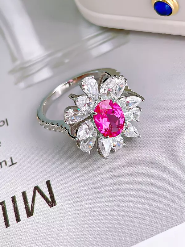 Desire-925 Silver Flower Sweet Ring, incrustada com diamantes de alto carbono, design elegante e versátil, elegante