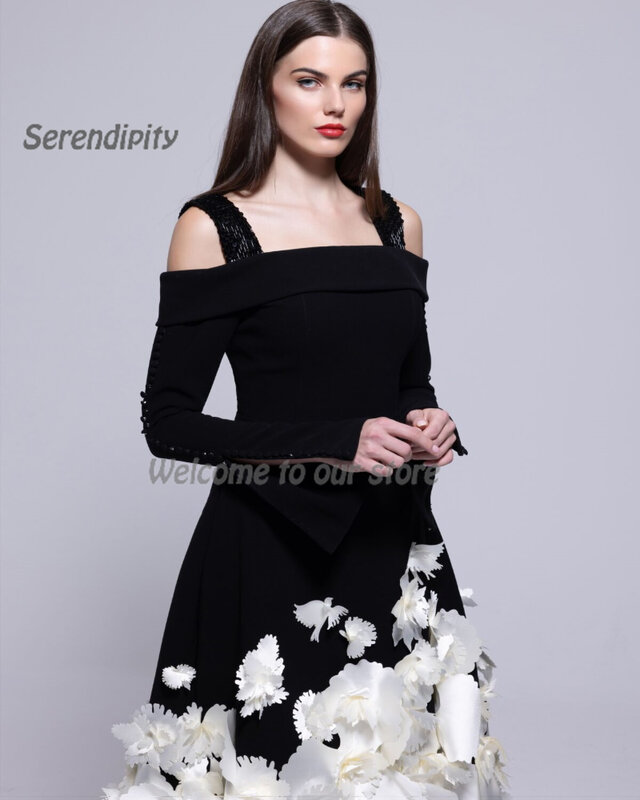 Serendipity-Robe de soirée longue en satin noir pour femme, ligne A, appliques élégantes, robe de cocktail, robe de Rh, sexy, 2024