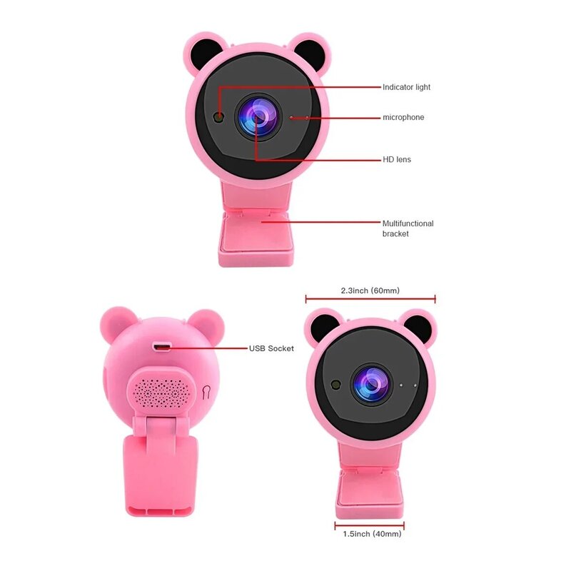 Webcam HD penuh merah muda dengan Webcam, kamera Web komputer dengan fokus penglihatan malam, kamera Video mikrofon tanam 1080P kamera HD USB