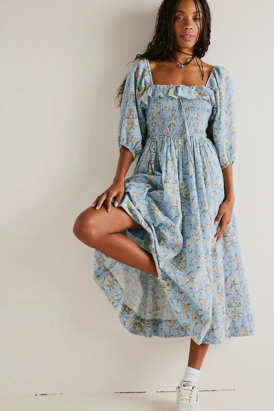 Autumn New Style Leaky Back Ruffled Square Collar Printed Three-quarter Sleeve Long Dress