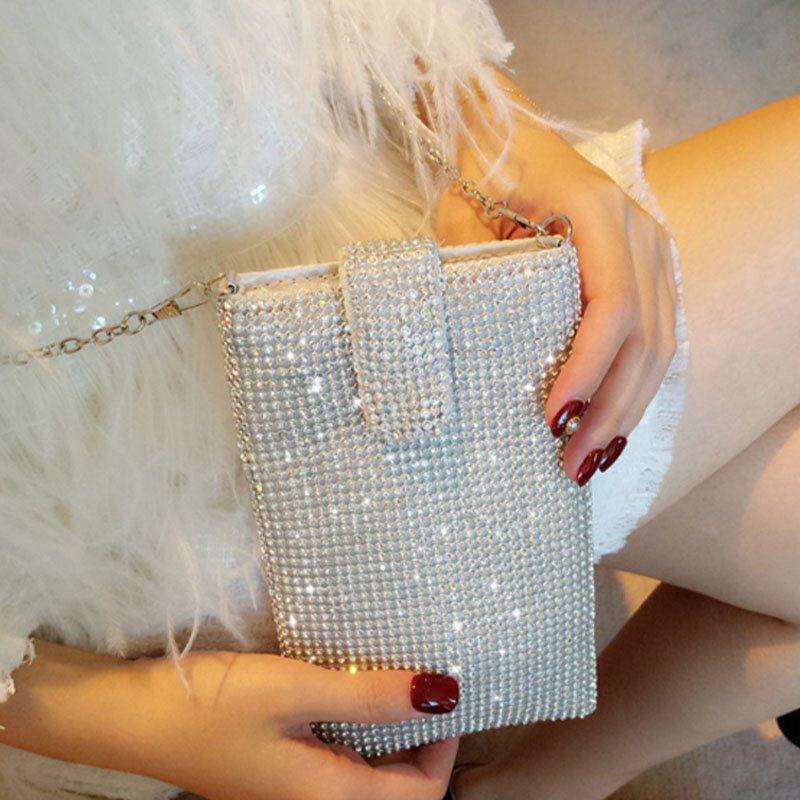 Tas tangan berlian kristal untuk wanita, dompet ponsel kecil rantai logam tas selempang bahu tas Messenger malam berlian kristal