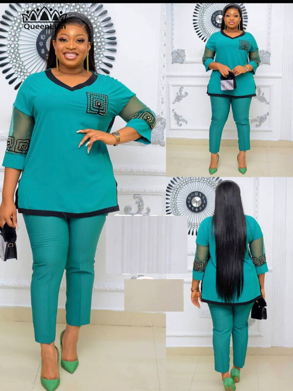 African New Suit 4 Colors Sleeve Advanced Embroidery Diamond High Quality Top With Pants For Women Two-piece Set  (TZ18)