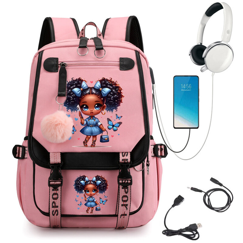 Black Girl Blue Butterfly Print Girls Backpack Cute School Bags for Student Teens Bookbag Laptop Backpack Usb Charging Mochila