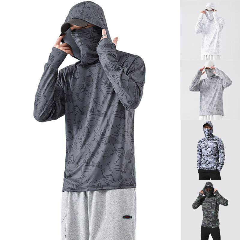 Men's Summer Sun Protection Hoodie Shirt Fishing Clothes Clothing with A Sun Mask Long-sleeved Jacket Breathable Shirt Clothing