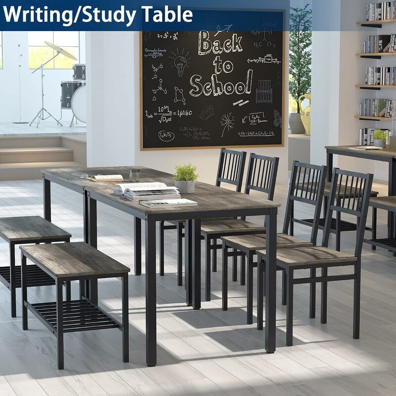 Esstisch/Computer tisch für vier Personen, Küchentisch, 2 Stühle und eine Bank, Esstisch und Stühle (schwarzer Eichenholz + schwarzer Rahmen,)