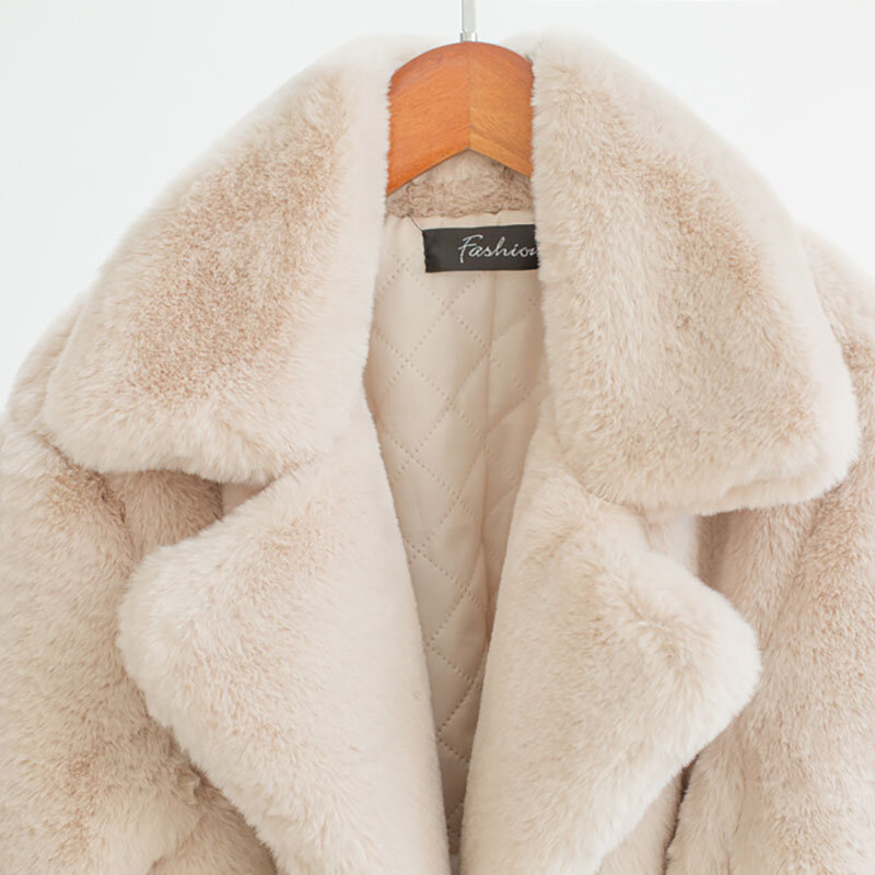 Mantel bulu kelinci palsu wanita, mantel mewah panjang kerah longgar tebal hangat ukuran besar musim dingin