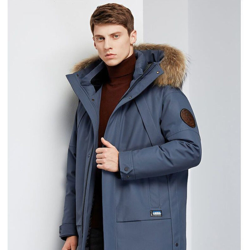 Trench coat casual masculino com capuz com gola de cabelo grande, outwear médio longo, moda empresarial, Clearance, 2023