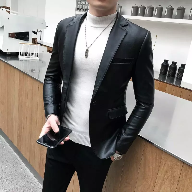 2021 Vêtements de marque de mode hommes de haute qualité décontracté veste en cuir Mâle slim fit affaires en cuir imbibé manteaux/Homme Blazers S-5XL
