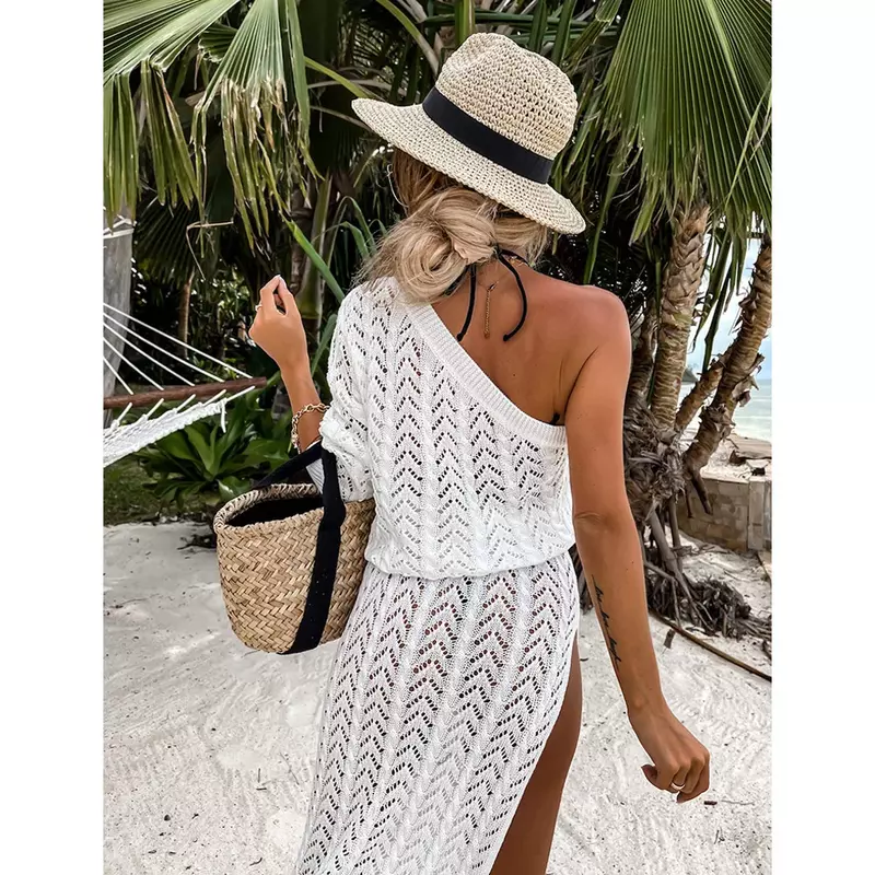 YEAE 2024 Bikini Cover-ups White Crochet Tunic Cover-ups Sexy See Through Sleeveless Mesh Dress Women Summer Clothes Beach Wear
