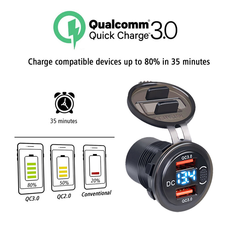 Caricabatteria da auto QC3.0 doppia presa accendisigari USB impermeabile con interruttore voltmetro adattatore di ricarica rapida 12/24V accessori per auto