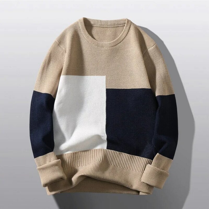 Suéter fino de retaldos masculino, suéter casual com fundo, roupas combinando cores, 2023