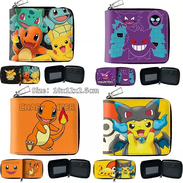 Cartera corta de Pokémon para niños, Mini monedero de cuero PU con patrón de Snorlax, Pikachu, Charizard, tarjeteros multifuncionales