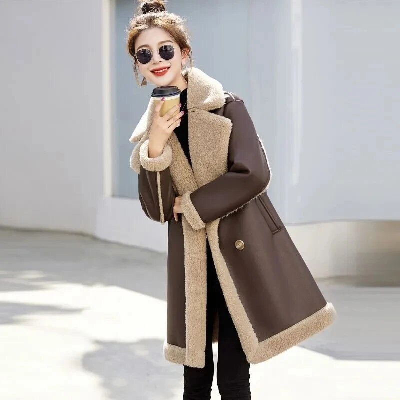 여성용 두꺼운 따뜻한 외투, 더블 브레스트 단추, 중간 길이, 두꺼운 모피 통합 패션, 겨울 코트, 2024 신상