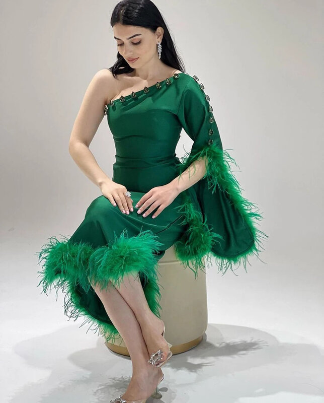 Gaun Prom hijau yang menawan untuk wanita kristal Satu bahu bulu panjang teh gaun acara Formal gaun pesta