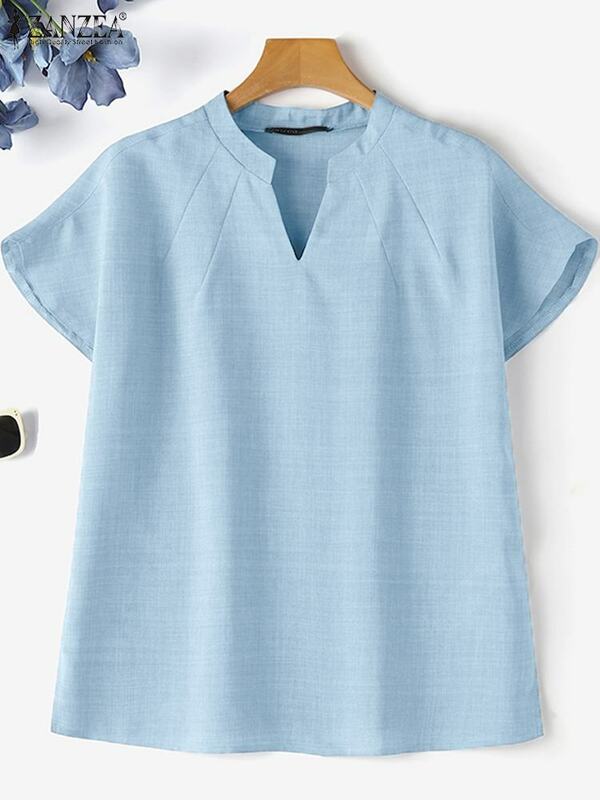 ZANZEA-Blusa informal holgada para mujer, camisa de manga corta con cuello en V, color liso, estilo coreano, para oficina, 2024
