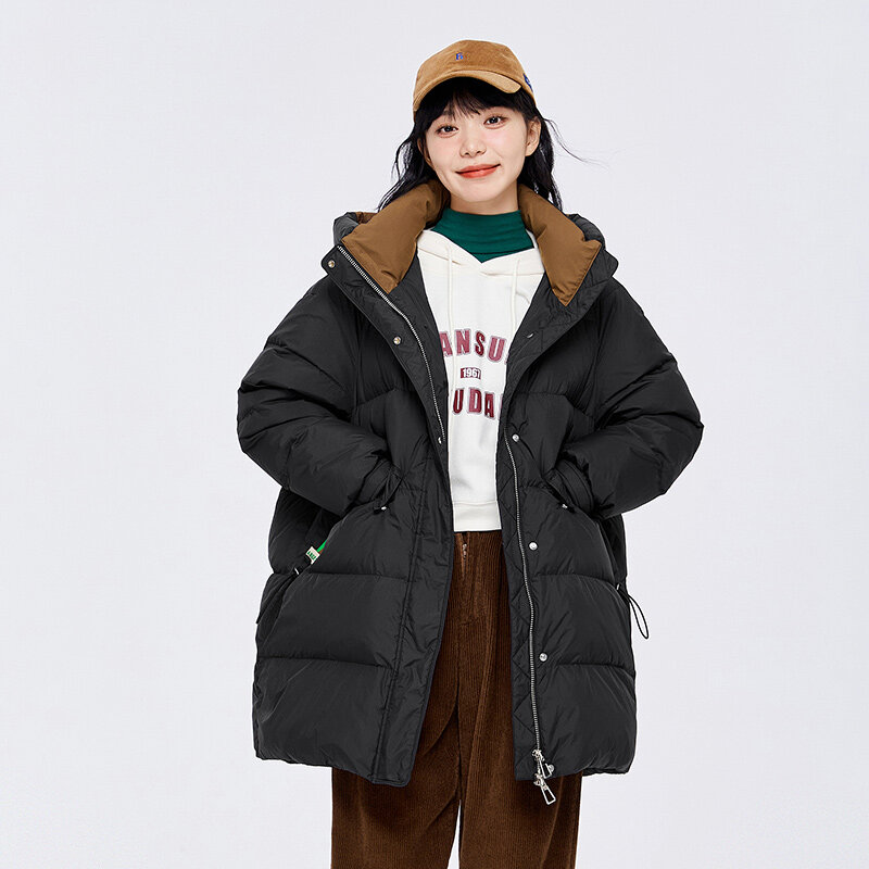 Semir Down Jacket Women Mid-Length Silhouette Cocoon Contrasted Color Hooded 2023 Winter New Fashion Thick Jacket