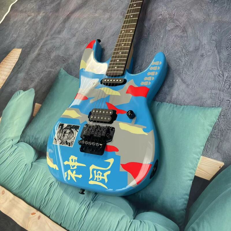 Gitara elektryczna Shenfeng z 6-strunowym dzielonym korpusem, niebieskim korpusem, podstrunnicą z palisandru, zepsuty styl odcienia, zdjęcia fabryczne Pictu