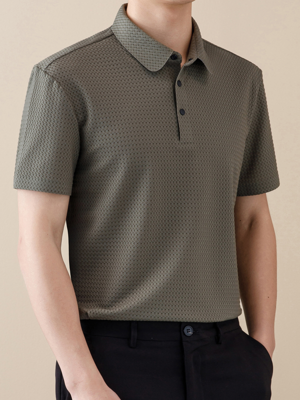 Camisas polo de golfe de malha respirável masculina, nylon elástico, monocromática, gola lapela, desenho geométrico, roupa casual perfeita para o verão