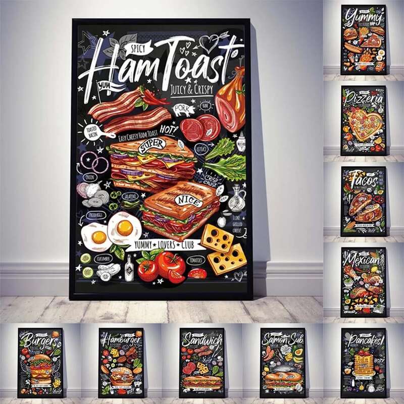Arte do graffiti comida deliciosa pintura em tela sanduíche pizza hambúrguer cozinha cartaz da arte da parede sala de jantar decoração casa mural
