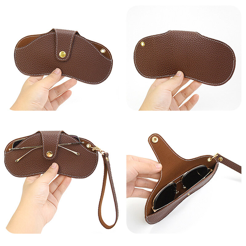 Portable Sunglasses Bag Women Retro Pu Leather Glasses Case Eyewear Pouch Bags Glasses Storage Pendant With Wristband Neck Strap