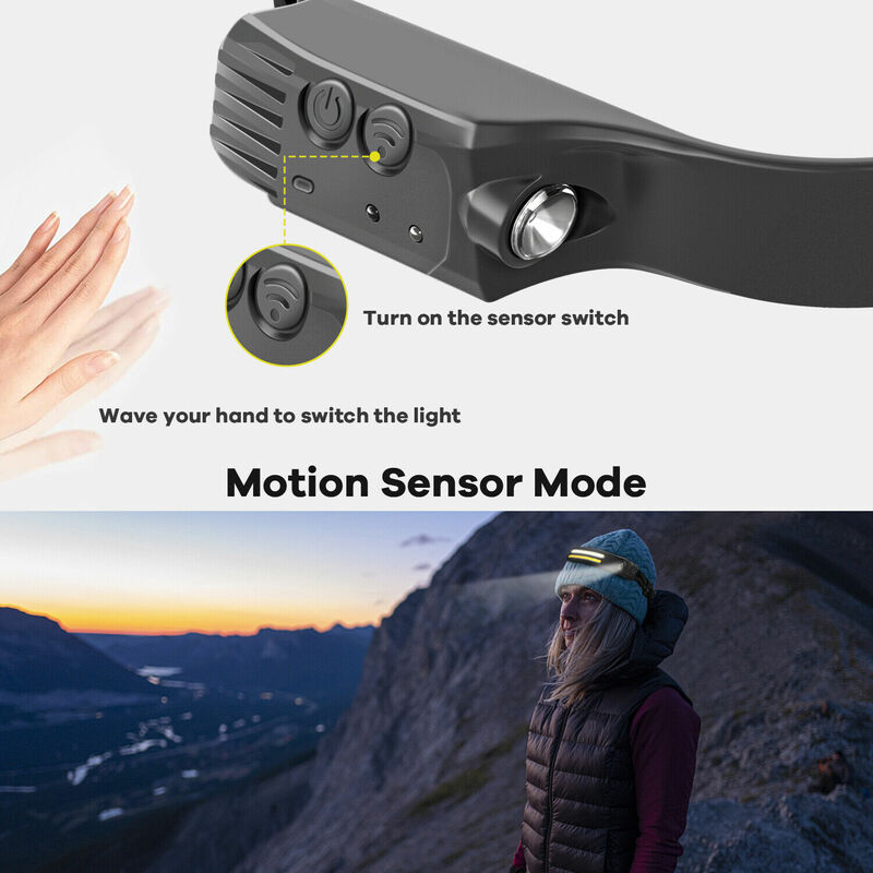 Farol de sensor LED recarregável USB, Farol de feixe largo de 230 °, Farol impermeável para acampar, caminhadas, corrida