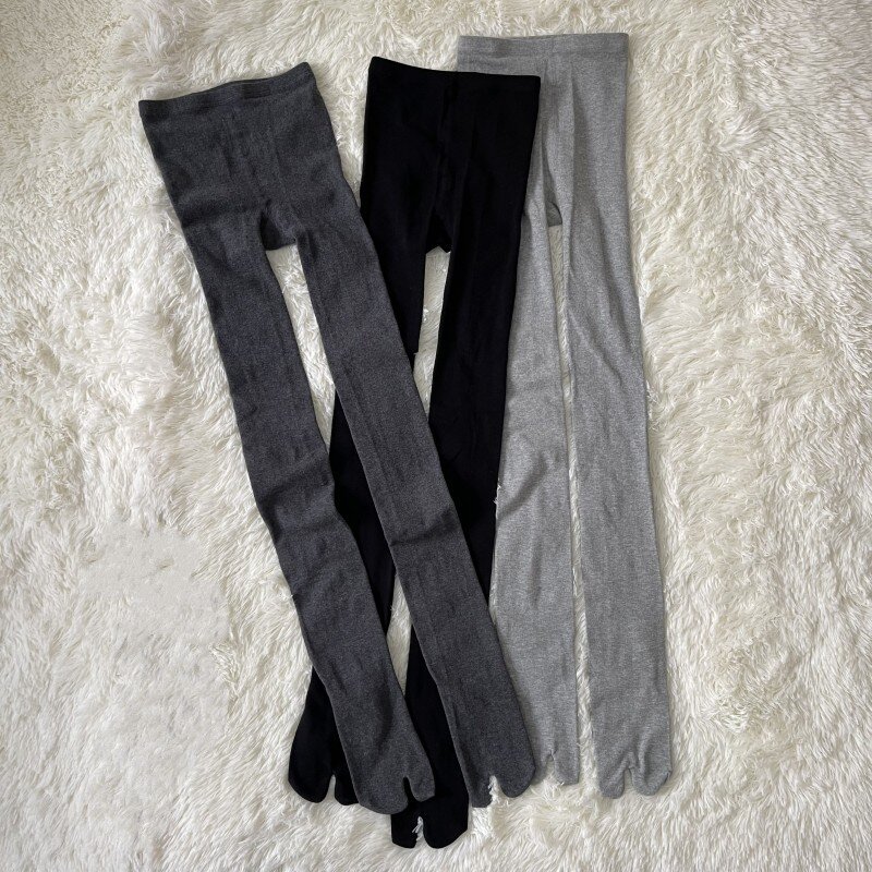 Высококачественные женские леггинсы из чесаного хлопка с разрезом, однотонные удобные мягкие длинные носки с двумя носками в японском стиле