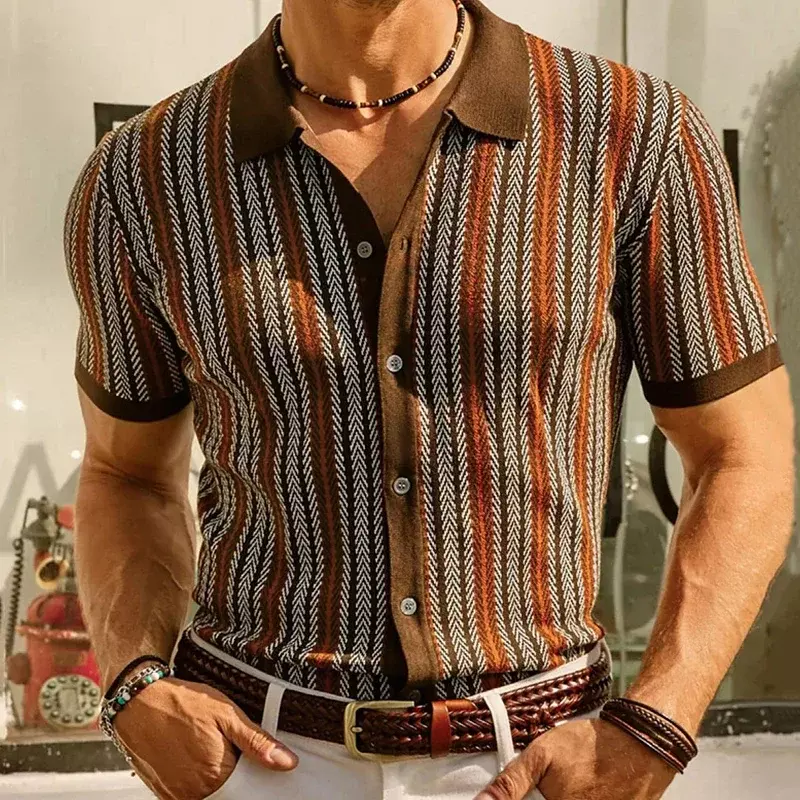 Letnie męskie luksusowe koszule z dzianiny z nadrukiem w paski Pola Neck z krótkim rękawem zapinane na guziki t-shirty dla mężczyzn Vintage dzianina biznesowa