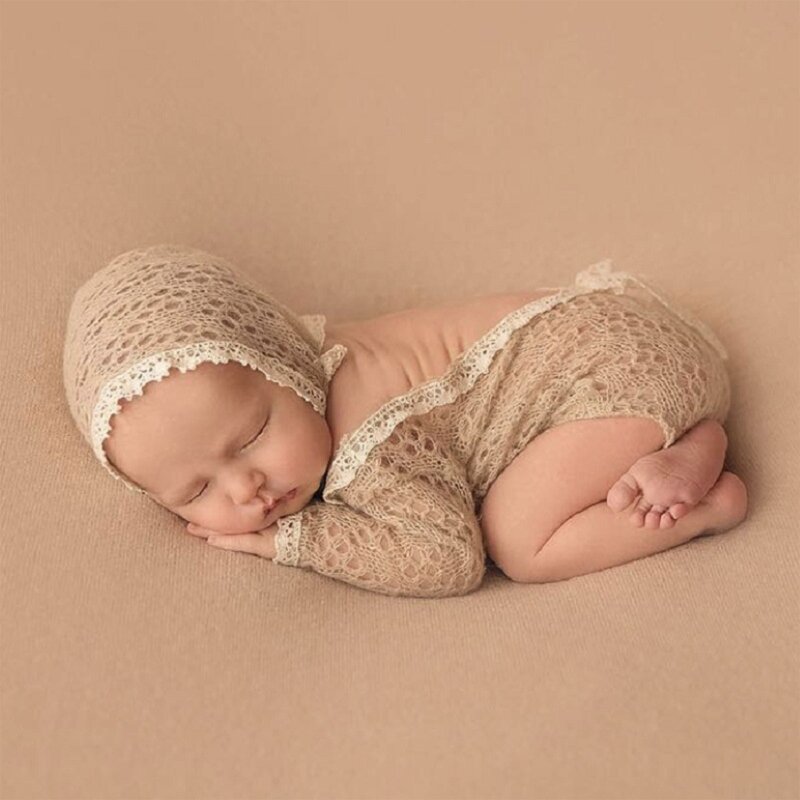 Alat Peraga Fotografi Mohair Rajut Pakaian Bayi dengan Hiasan Kepala Baju Monyet Nyaman untuk Bayi Baru Lahir 2 Potong QX2D