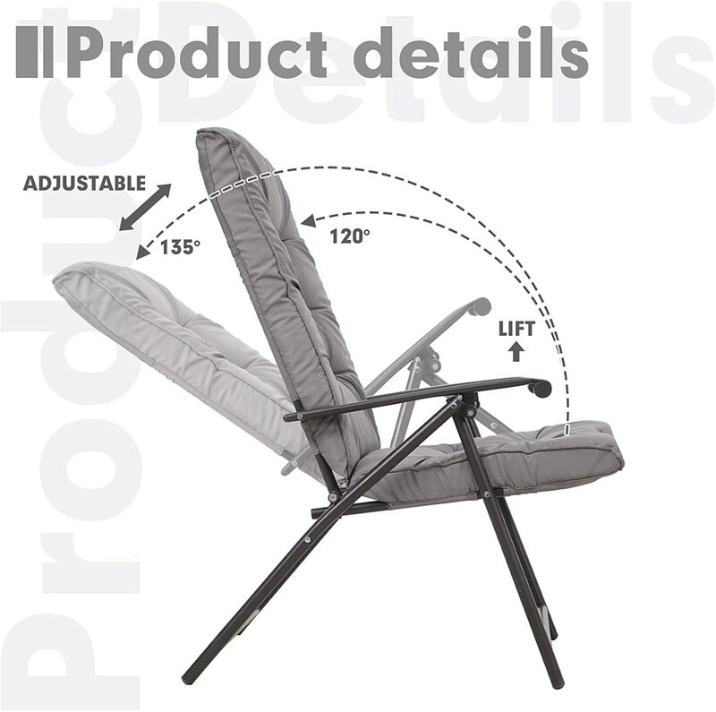 Ensemble de chaises pliantes réglables, meubles d'extérieur, bistrot inclinable, coussins gris classiques, cadre en acier, table basse, 3 pièces