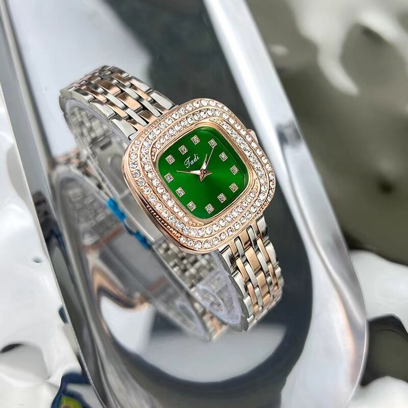 여성용 개성 있는 사각형 작은 녹색 시계, 빈티지 시계 색상, 핫 다이아몬드 세트, 새로운 패션