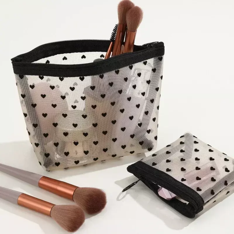 Nylon Mesh Cosmetic Bag Zipper Heart Shaped Toiletry Organizer Makeup Bags Multifunctional Women Lipstick Key Coin Purse Pouch