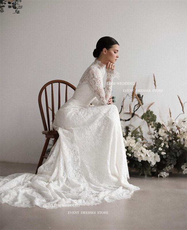 LISM Vintage Lace Wedding Dresses High Neck Long Sleeves Mermaid Floor Length Sweep Train Bridal Gowns Vestidos De Novia 2024