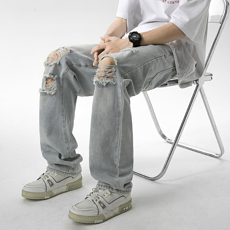男性用の通気性のあるジーンズ,流行のストリートパンツ,夏用,新しいコレクション2024
