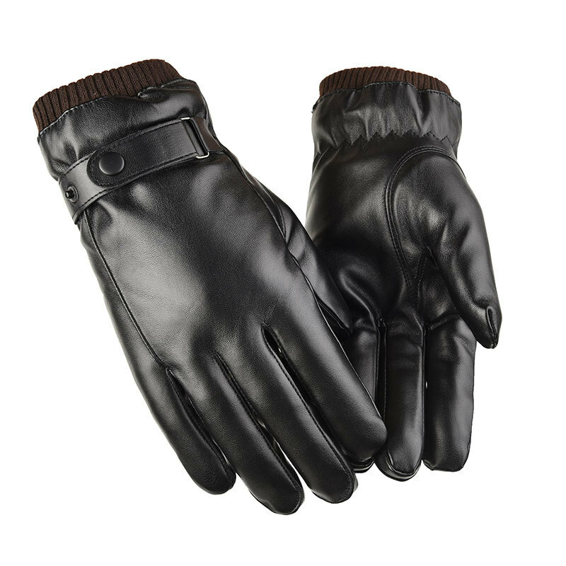 Guantes de Pu con pantalla táctil para hombre, guantes cálidos de lana negra para invierno, terciopelo grueso, a la moda, para conducir al aire libre