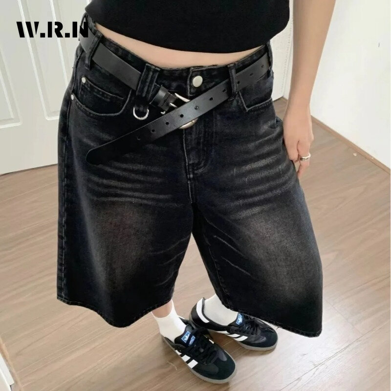 Shorts jeans vintage casual feminino, rua alta, perna larga Y2K, folgada, cintura alta retrô, moda feminina