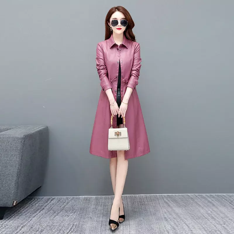 여성용 한국 패션 가죽 코트, 라펠 중간 길이 가죽 재킷, 슬림 캐주얼 바람막이 코트, 2023 가을