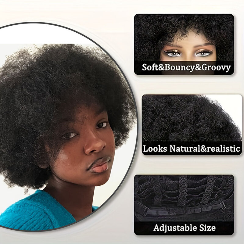 Peluca Afro rizada corta para mujer, cabello humano brasileño, Color negro, marrón, rojo, a máquina