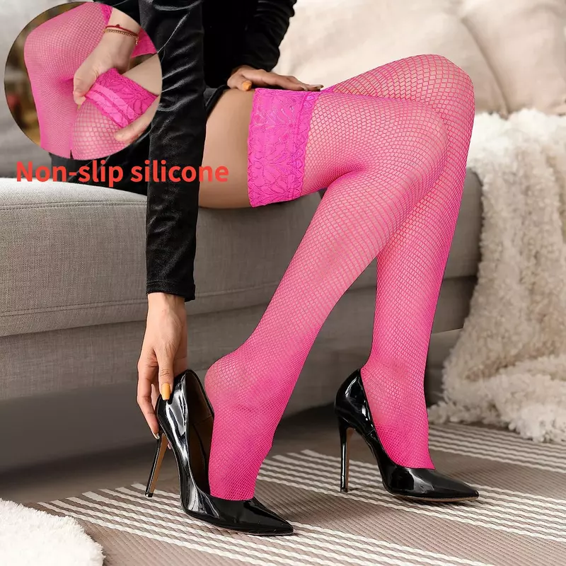 Meias antiderrapantes de silicone de renda para mulheres, meias femininas de coxa alta, meias eróticas, rede de nylon, lingerie sexy, novas