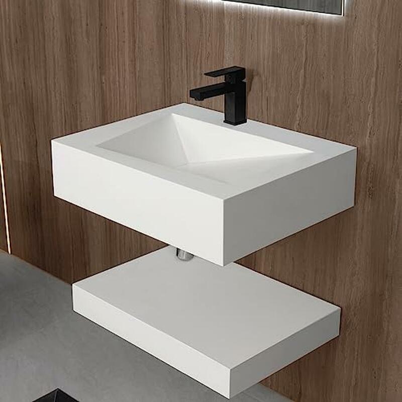 Modern Wall-Mount Rectangular Bathroom Sink Floating Vanity Shelf Set Stone Resin Vessel Sinks White Trough Drainage Smooth