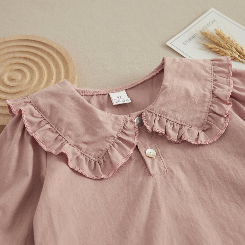 VISgogo maluch dzieci dziewczyny słodkie bluzki Plaid/Solid Color kołnierzyk dla lalek koszule z długim rękawem wiosna jesień moda Casual topy