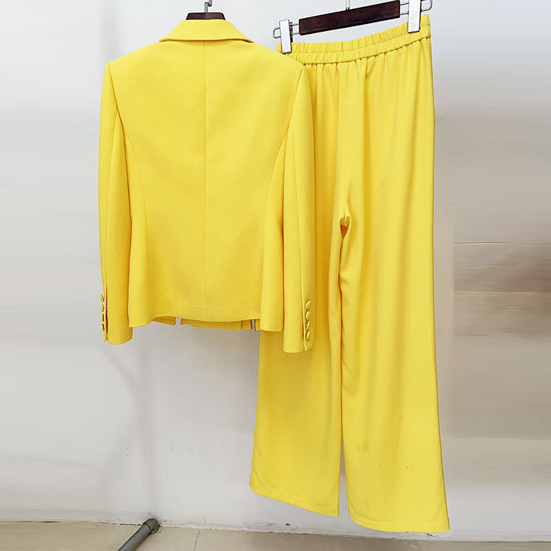 Terno feminino com faixa de diamante embutida, lapelas Split Peak, blazer de manga comprida, calça reta, casaco amarelo doce, mais novo em estoque