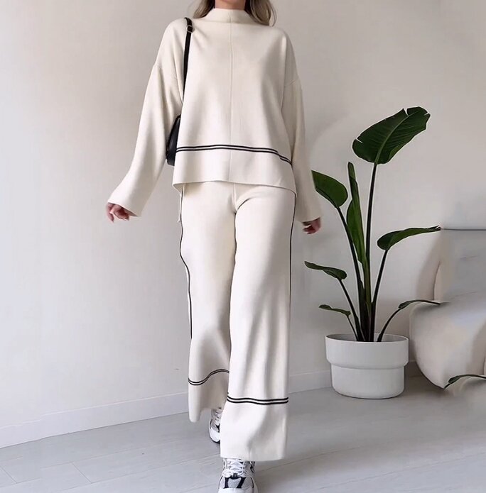 Autumn New 2023 Temperament Commuting Fashion Casual Loose Round Neck Solid Color Wide Leg Long Pants Two-Piece Set for Women