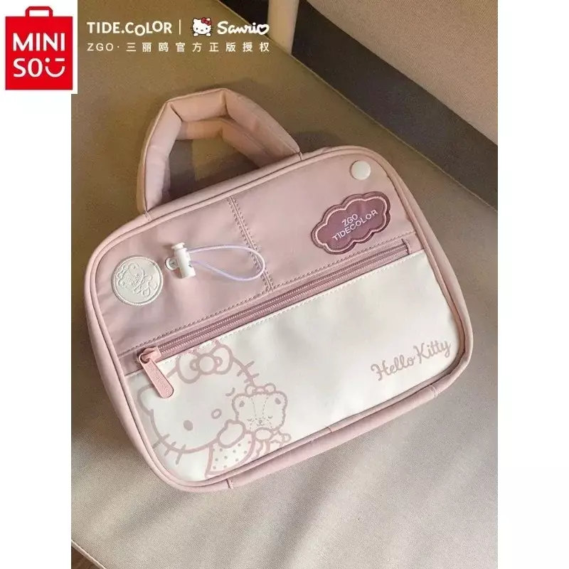 MINISO Sanurgente-Trousse de maquillage imprimée Hello Kitty Kuromi pour femme, sac de rangement portable de grande capacité, sac de rangement multifonctionnel pour étudiant