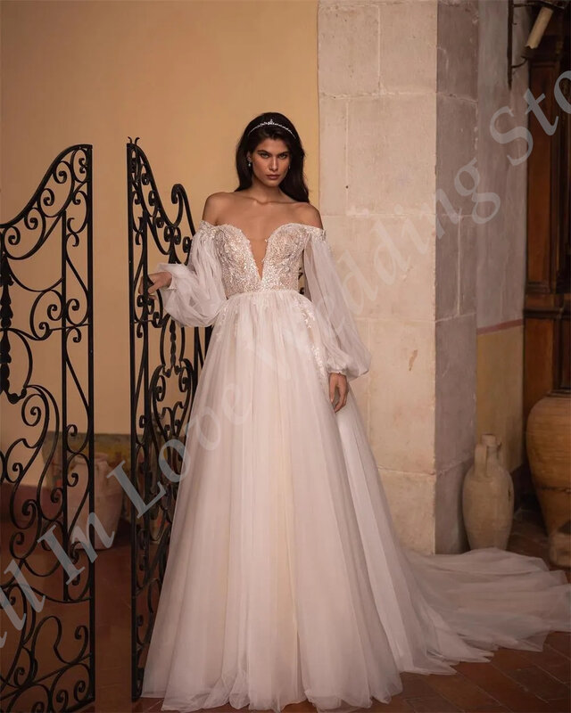 Gaun pernikahan wanita, Dress Off-Shoulder lengan bengkak manik-manik renda applique kain Tule A-Line gaun pengantin panjang lantai 2024