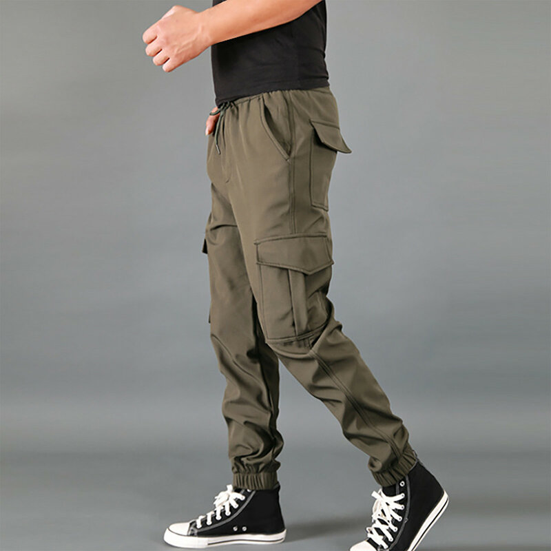 กางเกงคาร์โก้เอวกลางสำหรับเทรนด์ผู้ชายแฟชั่นกางเกงสีทึบกางเกงสไตล์สตรีทลำลองกลางแจ้งมีกระเป๋า