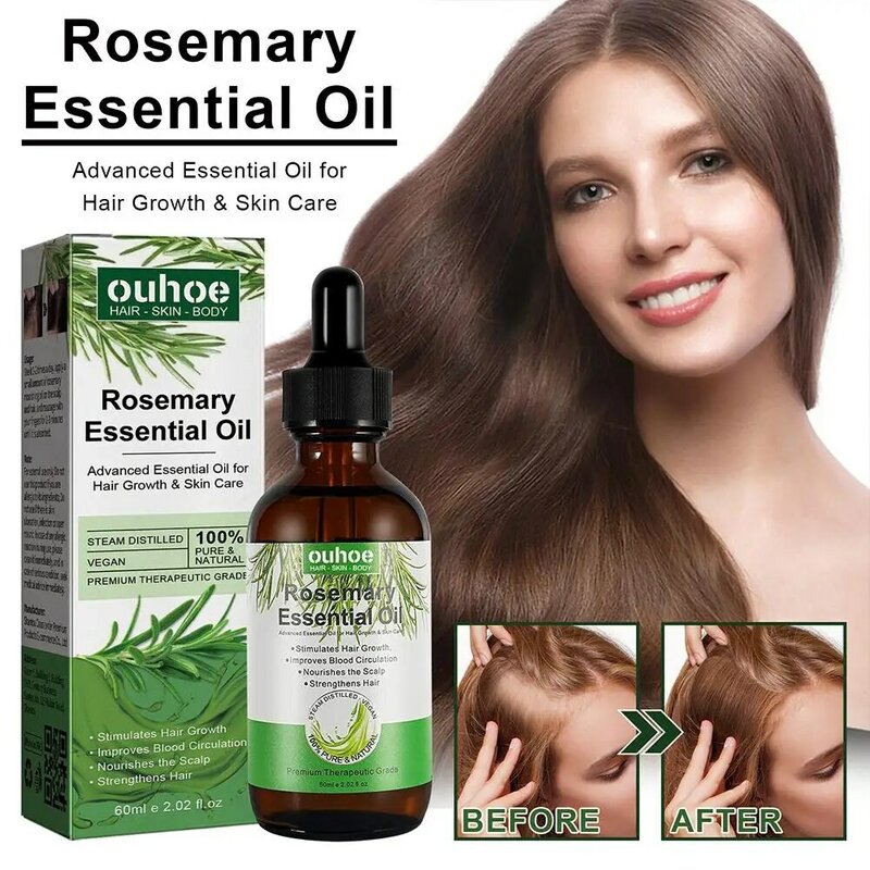 Aceite Esencial de Romero para mujer, productos orgánicos para el cabello, aceite para fortalecer el cuero cabelludo y el cabello con cuentagotas de vidrio, 60ml, L2h1